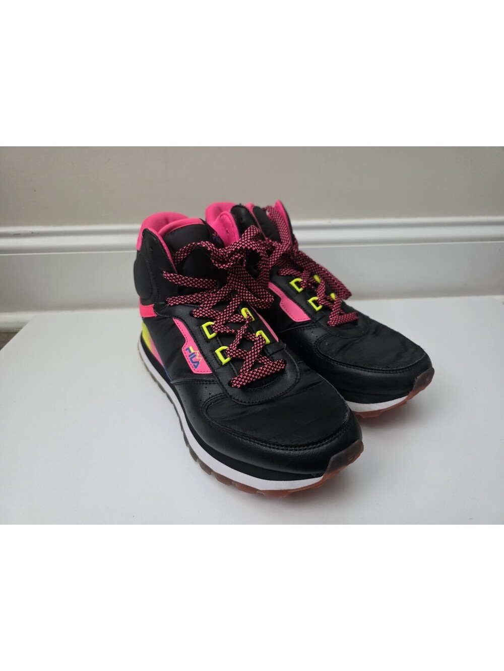 Fila Womens High Top Sneakers Black Neon Pink Blue Size 9